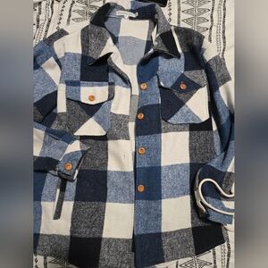 Shacket with Detachable Hood, Blue and White